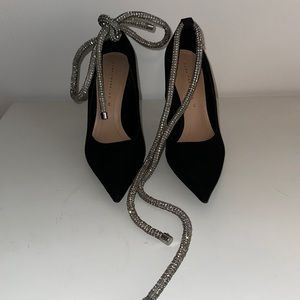 Zara black suede pumps with rhinestone ankle tie-up laces